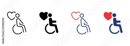 Charity and Donate Concept. Handicap Patient in Wheelchair Icon Set. Volunteer Care for Disabled Pictogram. Caregiver Icon. Care and Help Service. Editable stroke. Vector Illustration