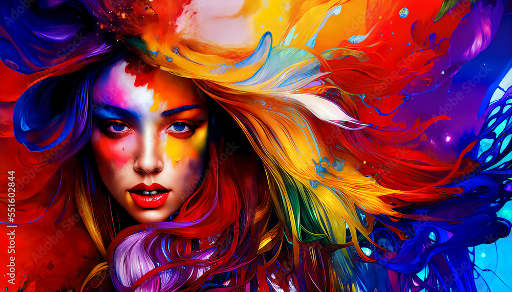 Young girl with abstract rainbow Colorful paint liquid explosion generative ai