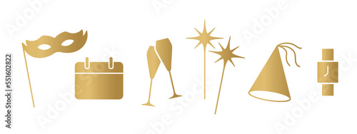 golden New Years Eve celebration elements: party mask, clock, calendar, champagne glasses, party hat, sparklers- vector illustration- vector illustration