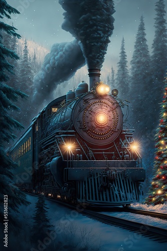 Vintage steam locomotive traveling at night trough the heavy snow covered Christmas trees landscape 