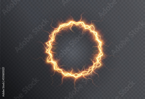 Powerful ball lightning gold png. A strong electric charge of energy in one ring. Element for your design, advertising, postcards, invitations, screensavers, websites, games.	