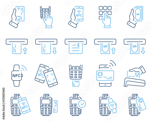 Contactless Payment by Mobile Phone, Credit Card on POS. ATM Money Withdraw Icon. Cashless Wireless Pay Transaction by NFC Technology Line Icon Set. Editable Stroke. Isolated Vector Illustration