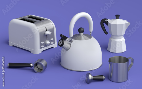 Kettle, toaster, coffee machine horn and geyser coffee maker on violet