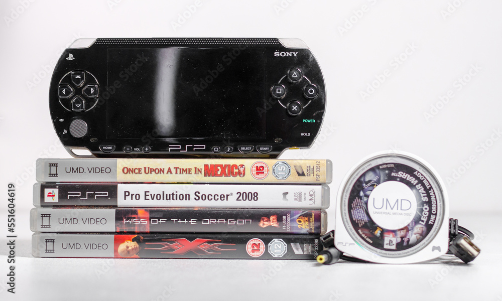 york, uk 05.05.2019 A black sony playstation psp portable games console. psp  1003. glossy black edition with blank screen isolated on a white  background. retro vintage games. Stock Photo | Adobe Stock