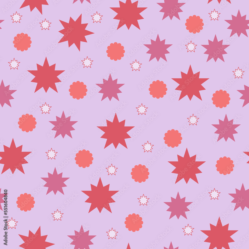 Seamless pattern of red stars and flowers on a pink background for textiles. Seamless pattern of red stars and flowers on a pink background for textiles.