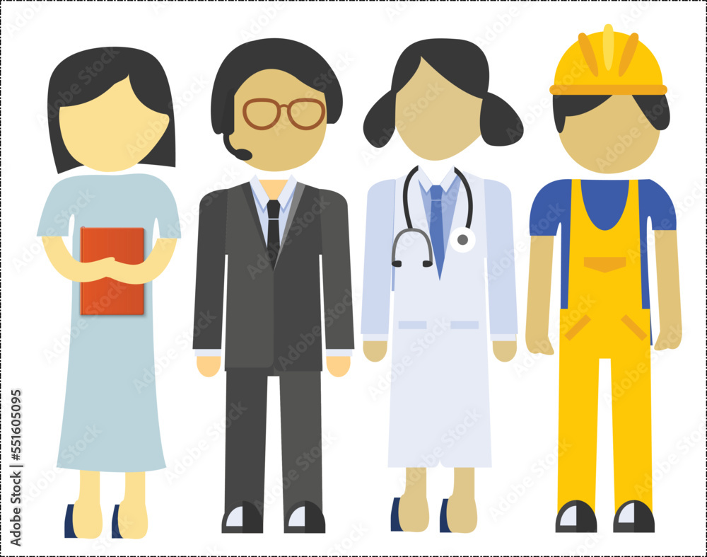 A set of various professionals standing with particular uniforms. Vector of different professions like teacher, customer service operator, lady doctor and construction engineer. Icons of occupations 