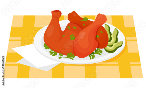 Mexican Achiote Chicken grilled food. Yucatan style marinated chicken legs with ahiote on plate with avocado slices and parsley. Vector illustration of Latin American national dish.