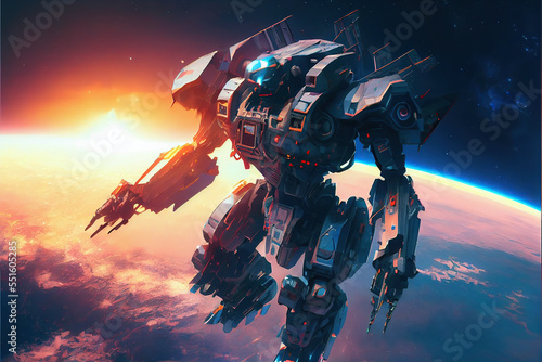 a giant robot flying in space. Planet background. Fantasy