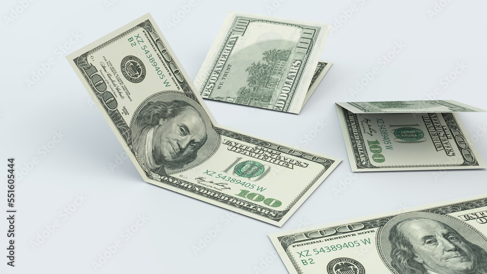 Money folded on top of a white table. 100 dollars. American dollar. 3d rendering. Money folded on top of a white table. 100 dollars. American dollar. 3d rendering.