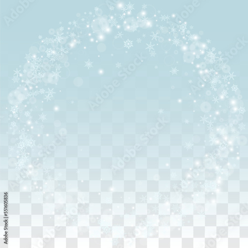 Christmas Vector Background with Falling Snowflakes  Isolated on Transparent Background. Realistic Snow Sparkle Pattern. Snowfall Overlay Print. Winter Sky. Realistic Snow. Happy Christmas, New Year.