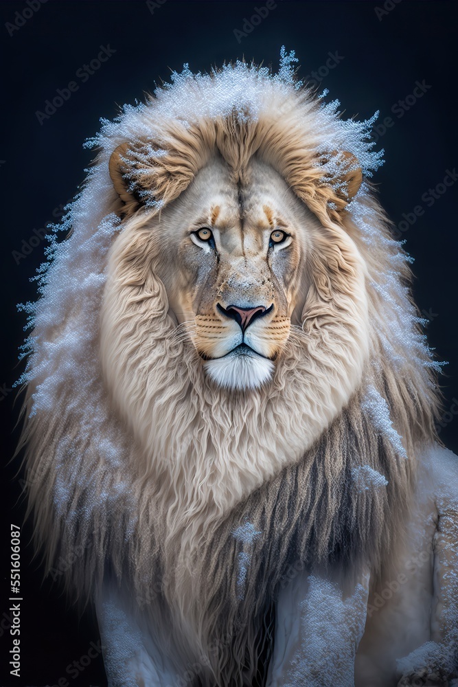 Fototapeta premium Lion portrait with the snow on the fur