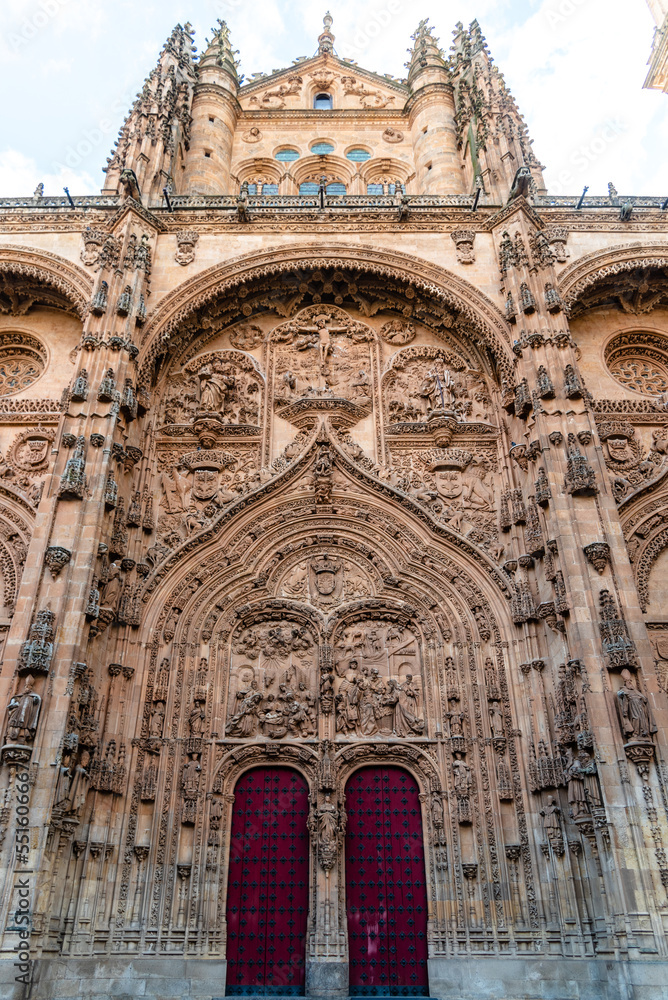 Main facade in plateresque style of the Cathedral of Salamanca. Castilla Leon, Spain.
