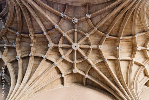 Directly below view of stone ribbed vault in Renaissance Style monument, Salamanca, Spain