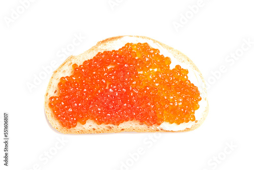sandwich with red caviar and butter isolated on white background.