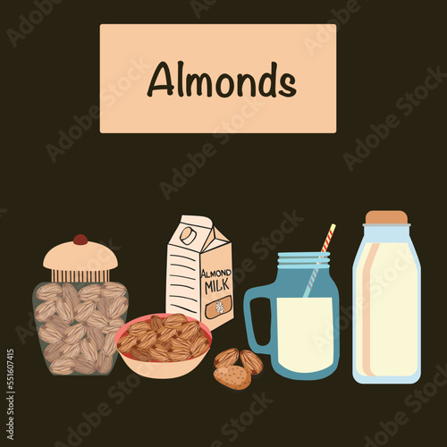  almonds and vegan almond milk in cartoon style