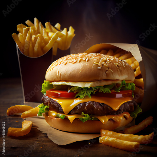Hamburger and fries, genera...