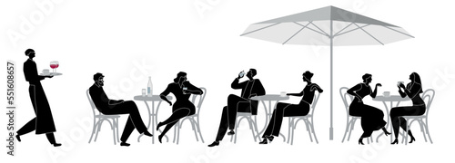 People, men and women, sitting , eating and drinking in the street cafe. Vector Illustration, silhouette, clip art, cartoon in black and white.
