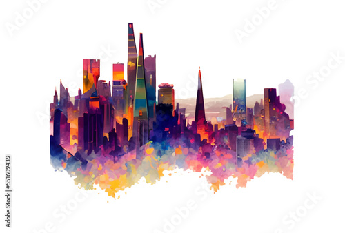 Vector city with skyscrapers skyline illustration in watercolors isolated on light background