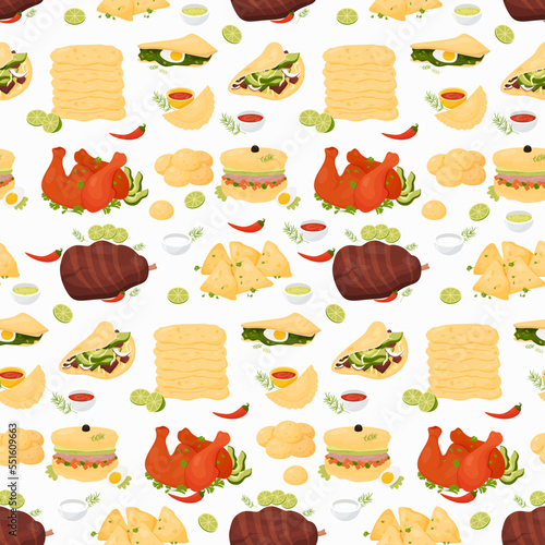 Seamless pattern with Mexican food and latin american traditional cuisine on white background. Vector illustration. Endless background national dishes for culinary decoration and design.