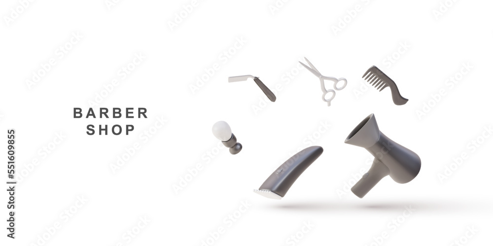 3d realistic flying objects kit for barber shop on a white background. Vector illustration. 3d realistic flying objects kit for barber shop on a white background. Vector illustration.