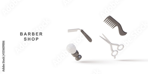 3d realistic flying objects kit for barber shop. Vector illustration.