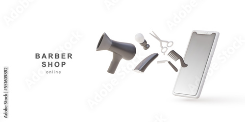 Set of 3d objects for a barbershop flying from a phone on a white background. Vector illustration.
