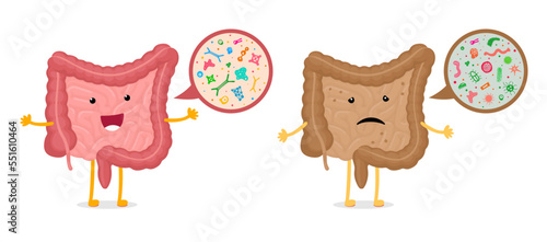 Intestines character microscopic bacterias magnification comparison. Human intestine mascot healthy and unhealthy microbiome. Gut bad and good microflora. Digestive internal organ probiotic flora. Eps