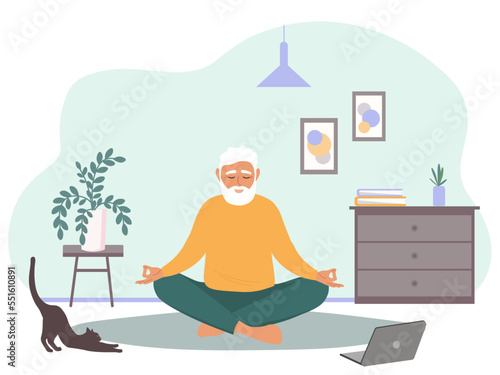 Оld man does yoga on the floor in the room. A gray-haired elderly,  is engaged in gym online at home, watching a laptop. Vector graphics.