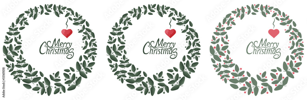 Obraz premium Three wreaths of mistletoe with the inscription Merry Christmas and a heart. Symbolic image for Merry Christmas, seasonal greetings in winter. 
