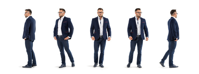 Business man in full growth, standing on a white background. Model man five poses.