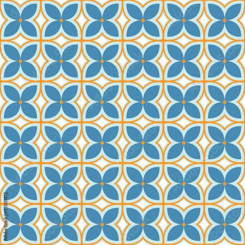 Blue and orange geometric seamless vector pattern. Bright, bold and simple geo style abstract flower shapes in a contemporary repeat print. 