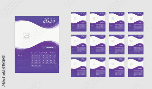 Set of 2023 Calendar Planner Template with Place for Photo and Company Logo. Vector layout of a wall or desk simple calendar. High quality. Easy to use and edit.