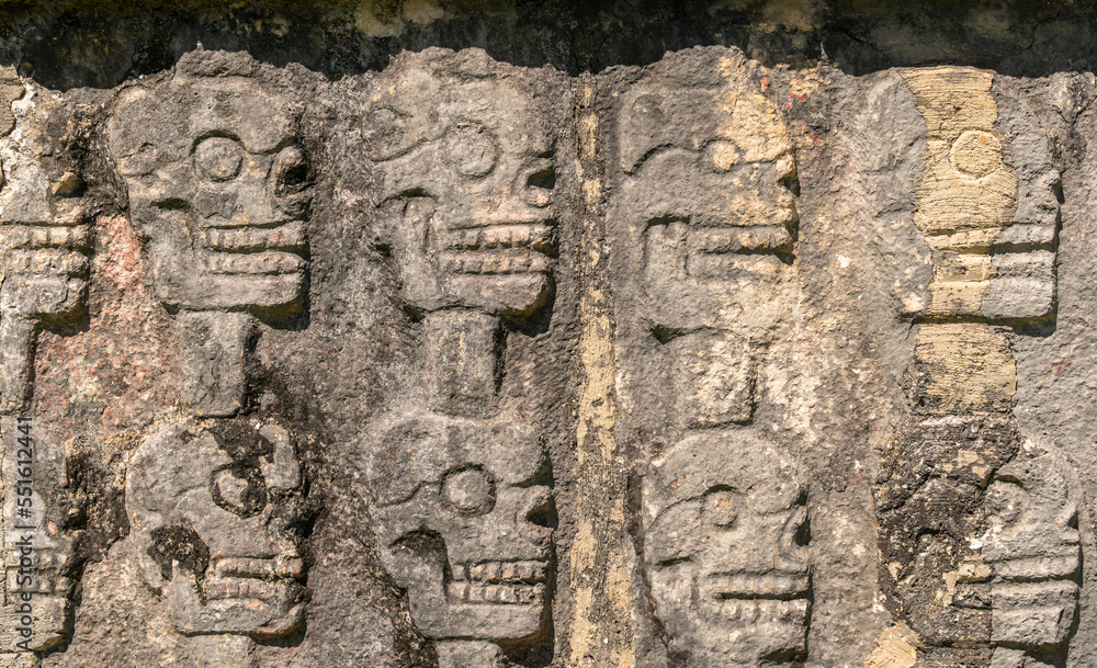 The Tzompantli of Chichen Itza ruins in Mexico. The wall of skulls. The Tzompantli of Chichen Itza ruins in Mexico. The wall of skulls.