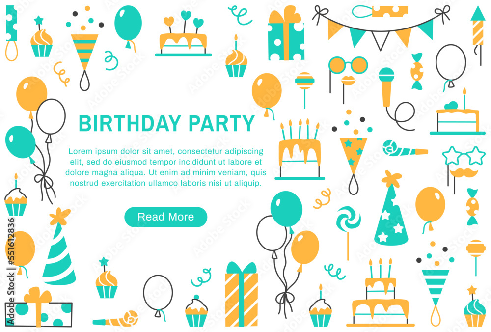 Birthday party background or web page internet template with button. Color line Birthday invitation. Decorative anniversary elements gift box balloon cake muffin. Minimal event vector illustration.