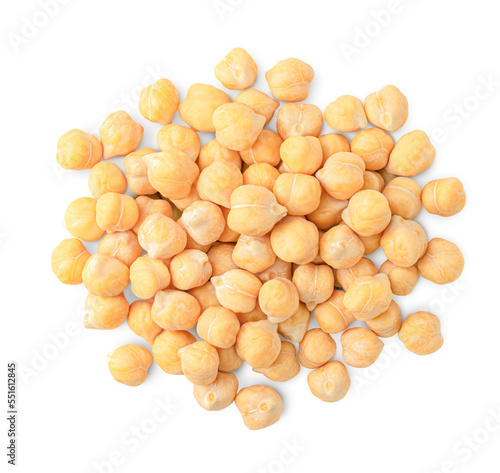 a bunch of chickpeas on a white isolated background, top view photo