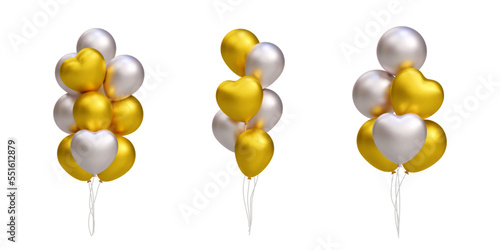 Bunch of realistic 3D golden and silver balloons, heart shape. Vector illustration decoration for card, party, design, flyer, poster, banner, web, advertising