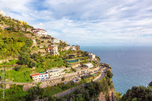 Touristic Town, Amalfi, on Rocky Cliffs and Mountain Landscape by the Tyrrhenian Sea. Amalfi Coast, Italy.