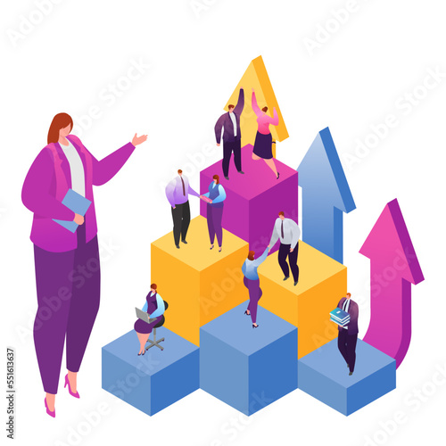Career development or career ladder in business flat vector illustration. Businesspeople move up, growth, success and achievement.