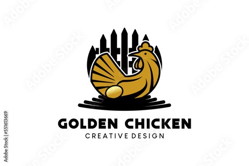 Laying hen logo design, chicken farm,golden hen logo sitting in nest