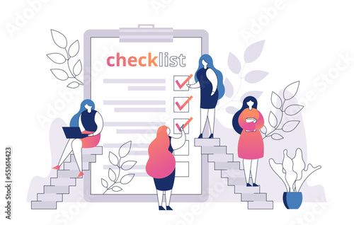 Woman with checklist on paper sheet vector illustration. Shopping list. Template for product purchase. Female hold blank with mark.