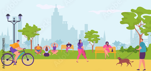 Fototapeta Naklejka Na Ścianę i Meble -  People in city park, walking, bicycling, sitting on bench, doing yoga vector illustration. Urban cityscape and citizens having fun.