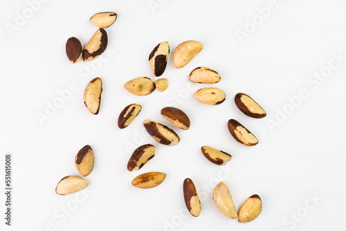 Pará nuts, from Brazil isolated on white background. Selective focus. Brazilian food "Castanha do Pará". Top view