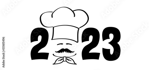 Best wishes card, happy new year 2023 with chef cap with mustache symbol. Chef hat or cap. Kitchen cook or cooking hat. Vector menu logo or icon. Cartoon cuisine bakery. Christmas, xmas  time