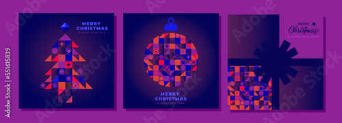 Merry Christmas and Happy New Year! Set of New Year's, modern templates in a strict style, on a dark background design with patterns. Good for greetings, invitations and social networks.