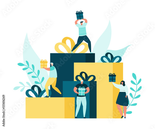 Sale and people with gift boxes flat vector illustration. Promo Christmas, Ne...