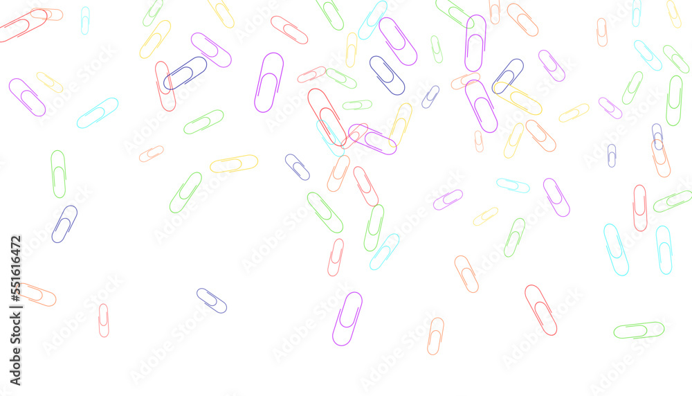 Paper clips are scattered on a white background. Decorative element. Background for design, school and office supplies Paper clips are scattered on a white background. Decorative element. Background for design, school and office supplies