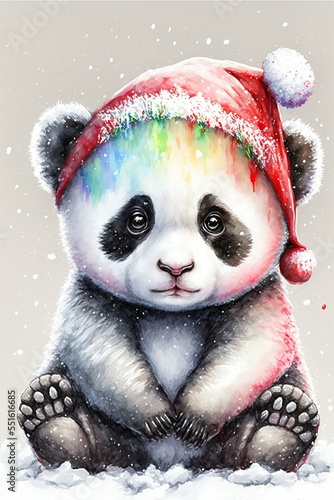 Cute Baby Panda Wearing Santa Hat in Snow, Generative AI