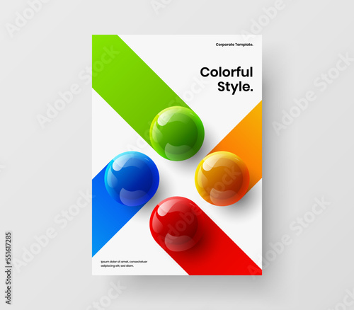 Geometric 3D spheres magazine cover template. Colorful front page design vector illustration.