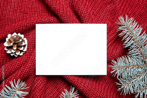Christmas greeting card mockup with green fir tree branches and cone on red knitted pullover background, top view