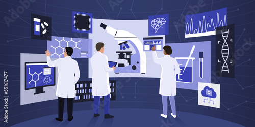 Scientific researchers interacting with virtual screens